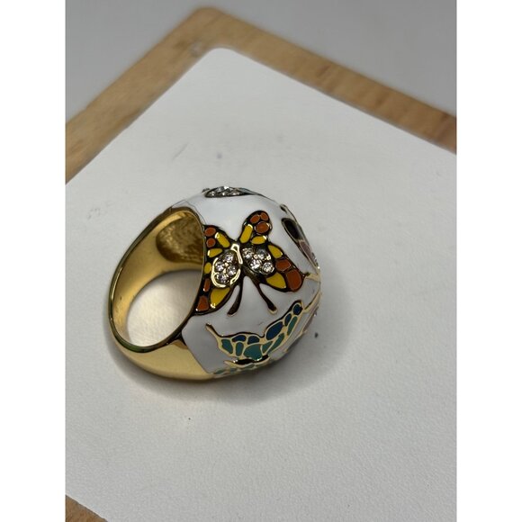 White & Gold Enamel Butterfly Statement Ring With Rhinestone Accents Size 7 KI - Picture 8 of 11